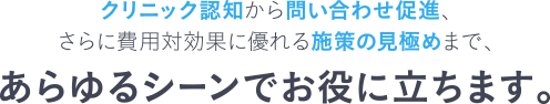 クリニック認知から問い合わせ促進、さらに費用対効果に優れる施策の見極めまで、あらゆるシーンでお役に立ちます。